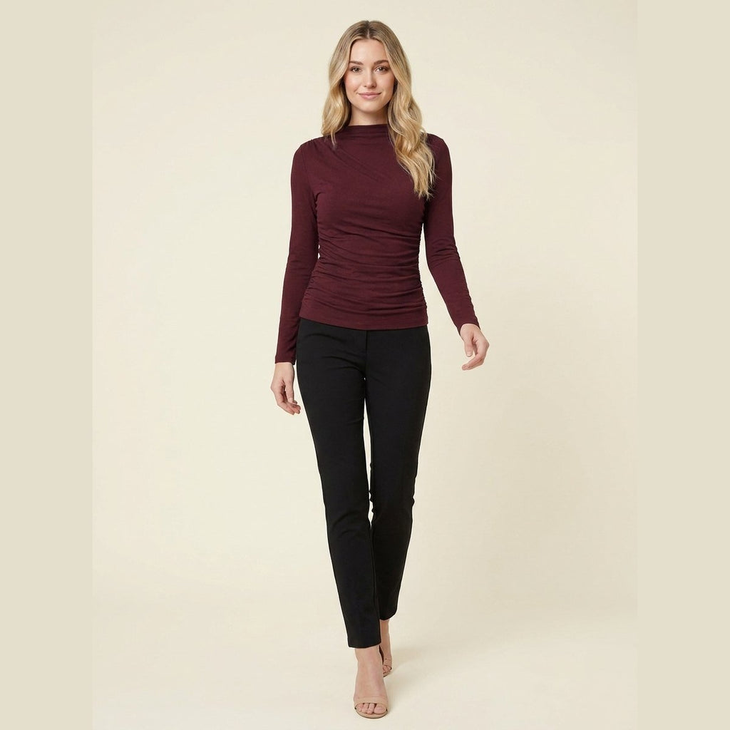Ravishing burgundy ruched jersey long sleeve top on model