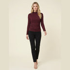Ravishing burgundy ruched jersey long sleeve top on model