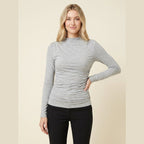 Ravishing light grey ruched jersey long sleeve top on model