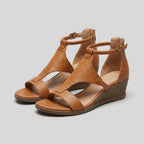 Rosa Sandals brown T-strap wedge - front
