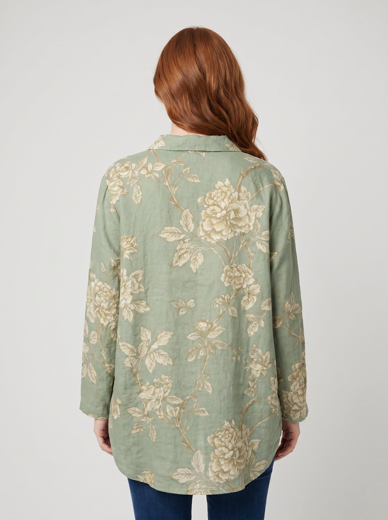 Rosalinde sage-green linen blouse back view