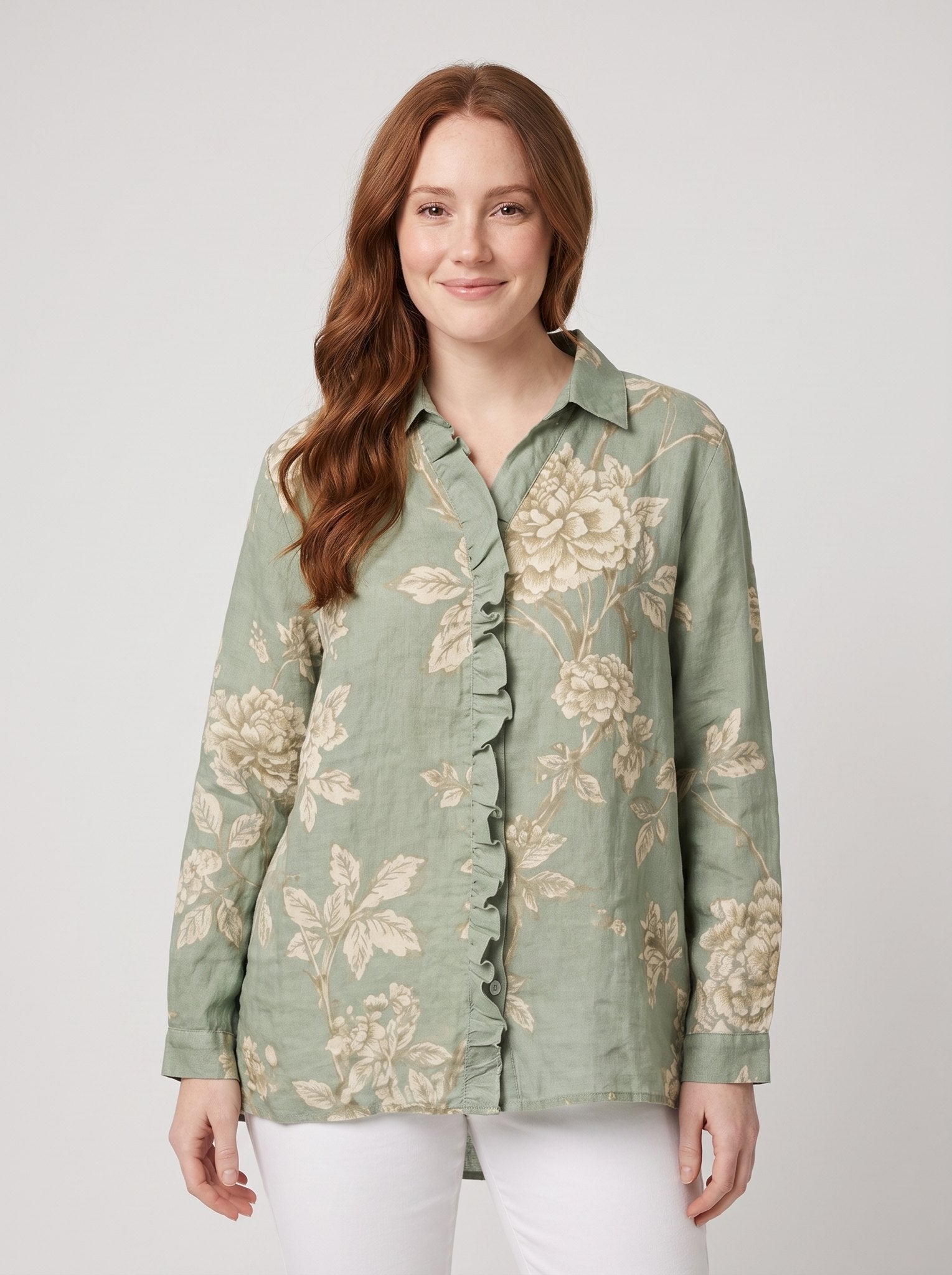 Rosalinde sage-green linen blouse cream floral print front