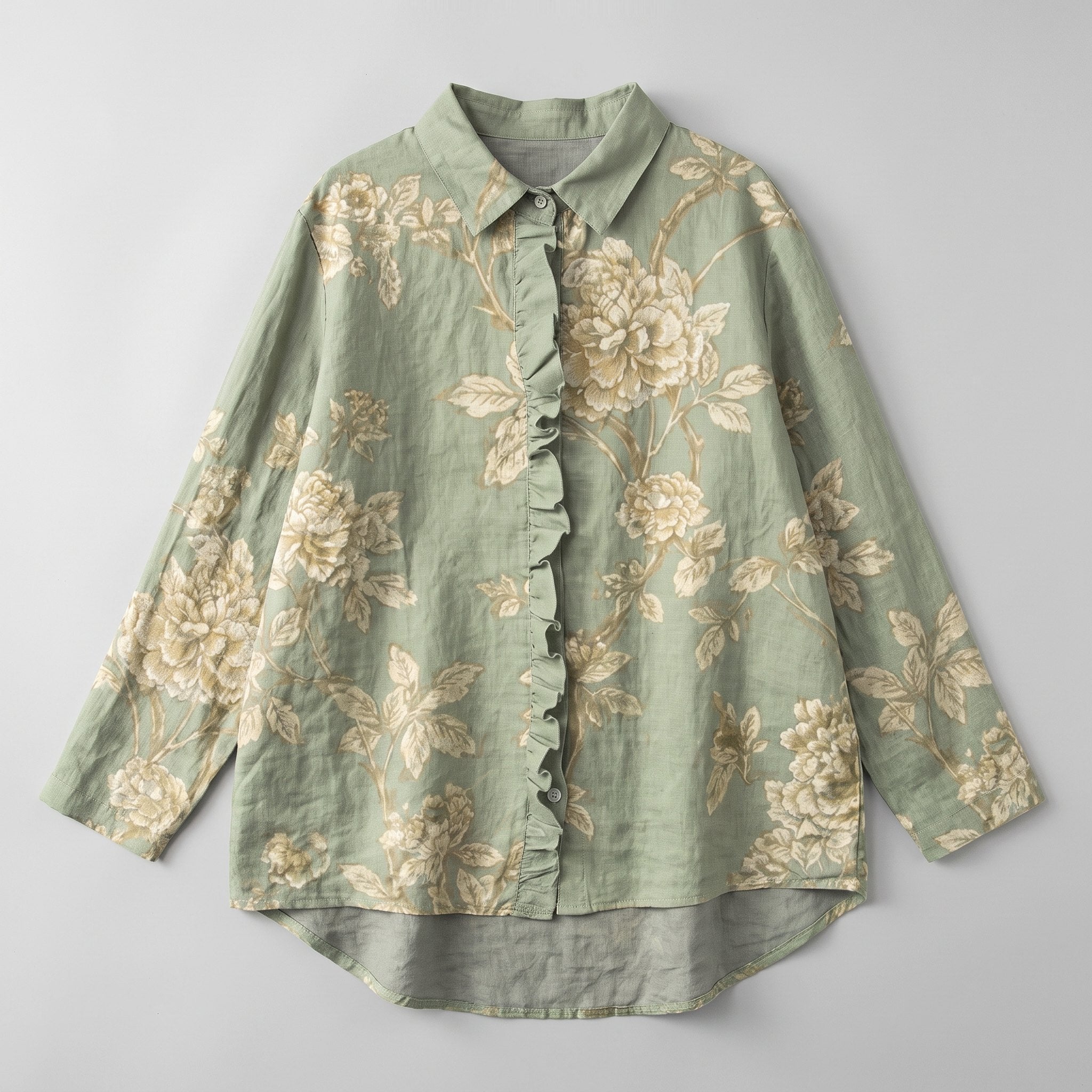 Rosalinde sage-green linen blouse product flat-lay