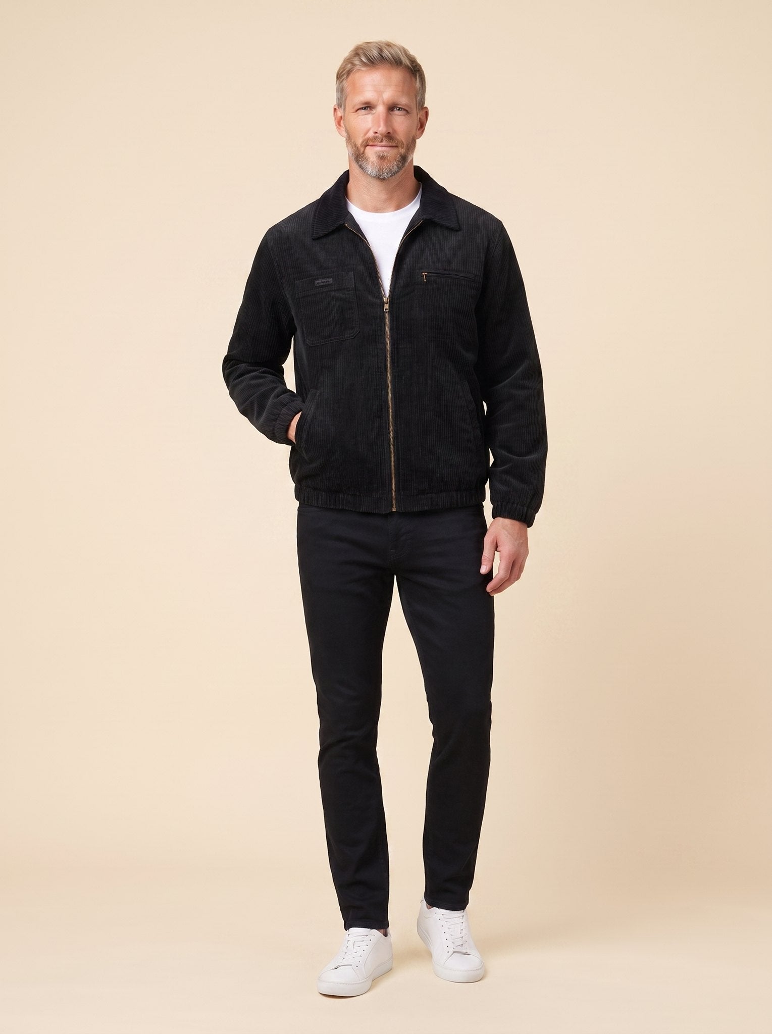 Salvador corduroy zip jacket black on model front
