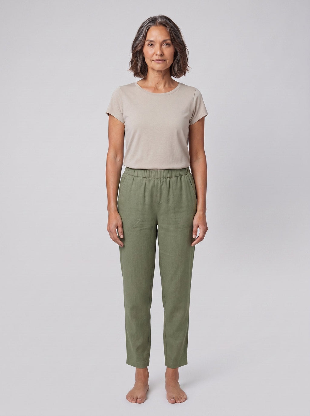 Sandara Coastal Breeze Trousers sage green, front view on model