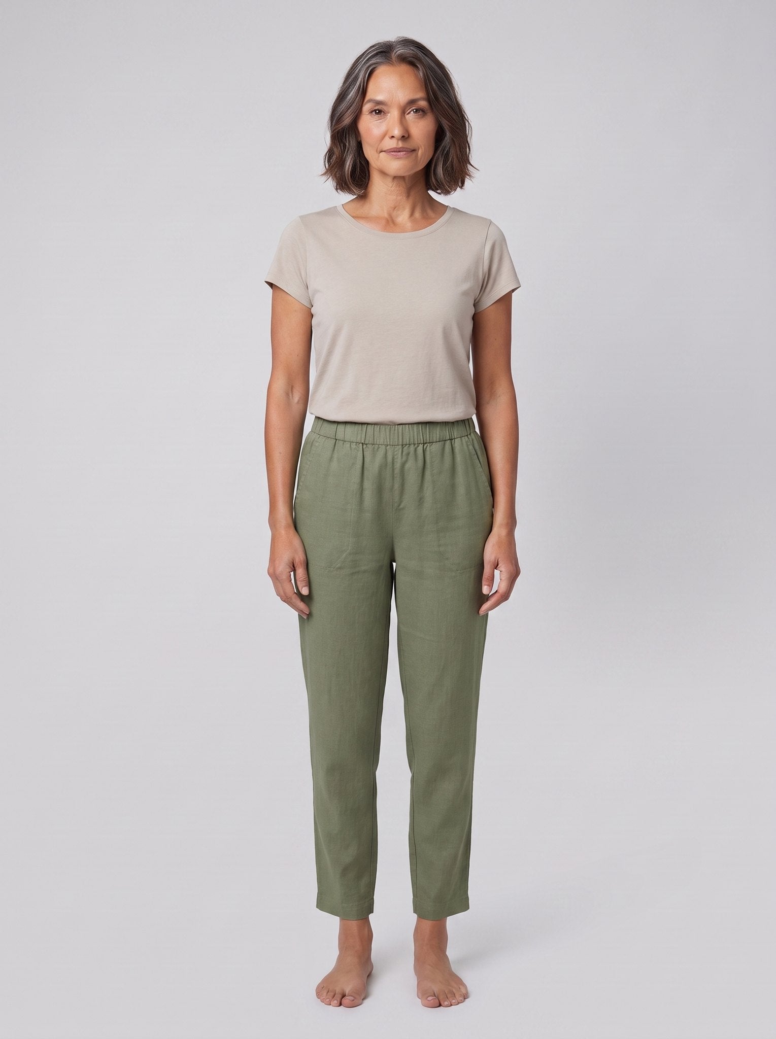 Sandara Coastal Breeze Trousers sage green, front view on model