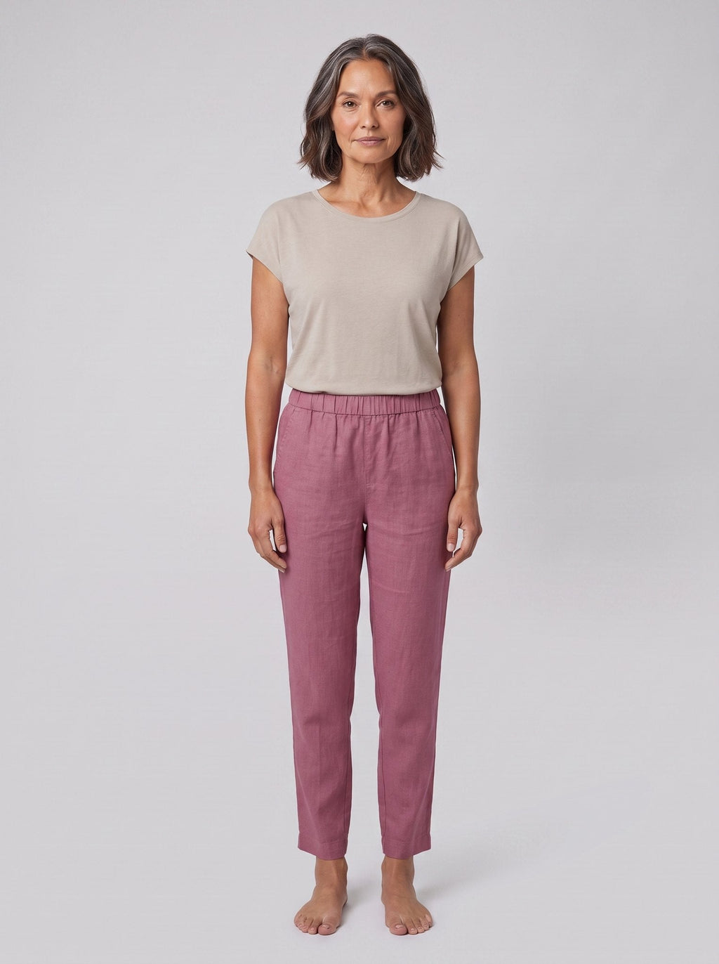 Sandara Coastal Breeze Trousers mauve purple, front view on model