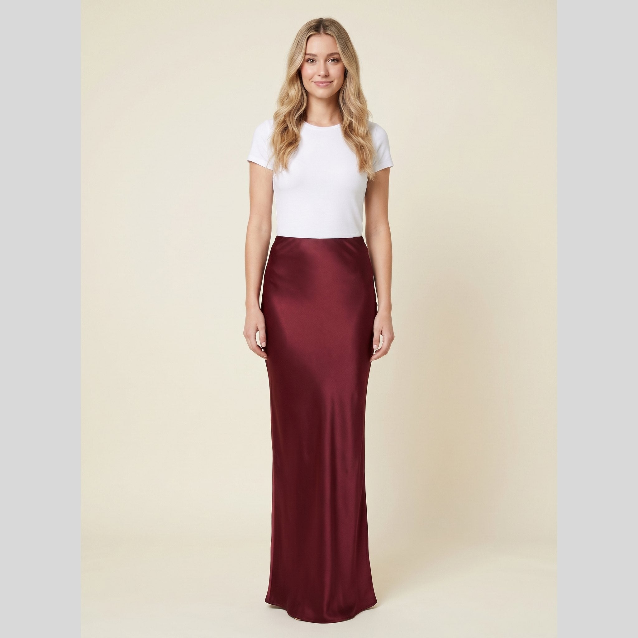 Satin maxi skirt burgundy front
