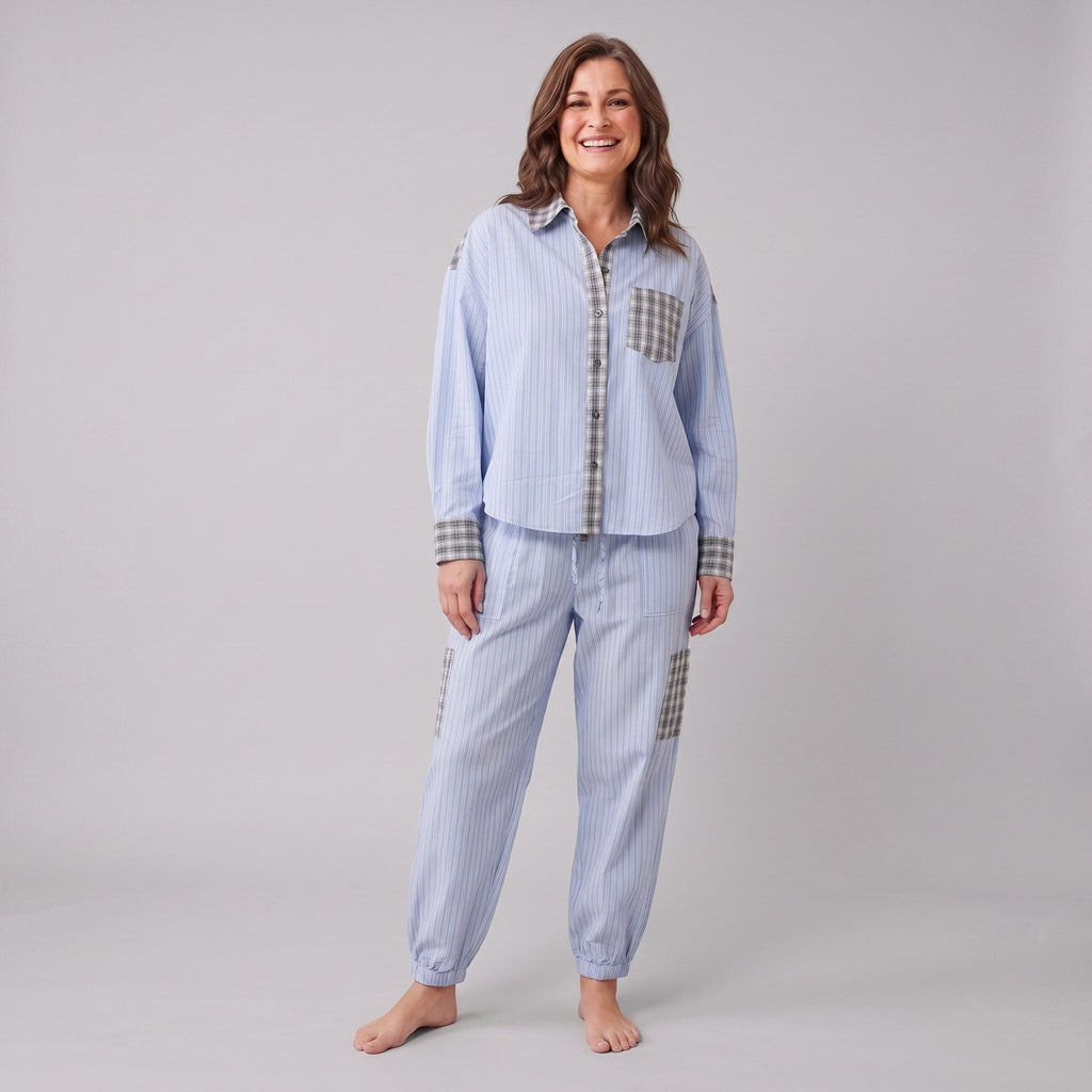 Serene lounge set in light blue pinstripe, front view on model