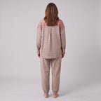 Serene lounge set in taupe pink plaid, back view on model