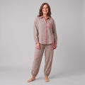 Serene lounge set in taupe pink plaid, front view on model