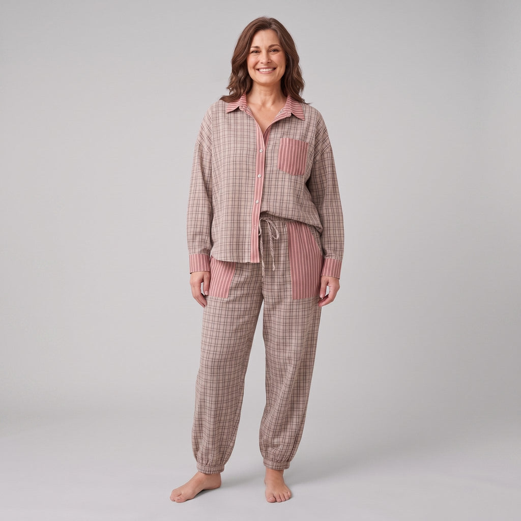 Serene lounge set in taupe pink plaid, relaxed front pose on model