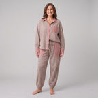 Serene lounge set in taupe pink plaid, relaxed front pose on model