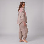Serene lounge set in taupe pink plaid, side view on model