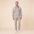 Seven linen hooded henley shirt in grey, front view on model