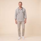 Seven linen hooded henley shirt in grey, front view on model