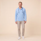 Seven linen hooded henley shirt in light blue, front view on model