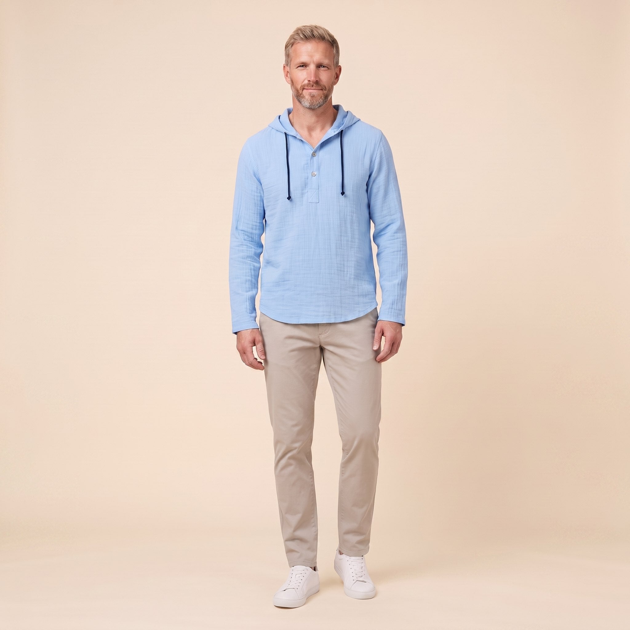 Seven linen hooded henley shirt in light blue, front view on model