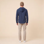 Seven linen hooded henley shirt in navy, back view on model