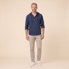 Seven linen hooded henley shirt in navy, front view on model