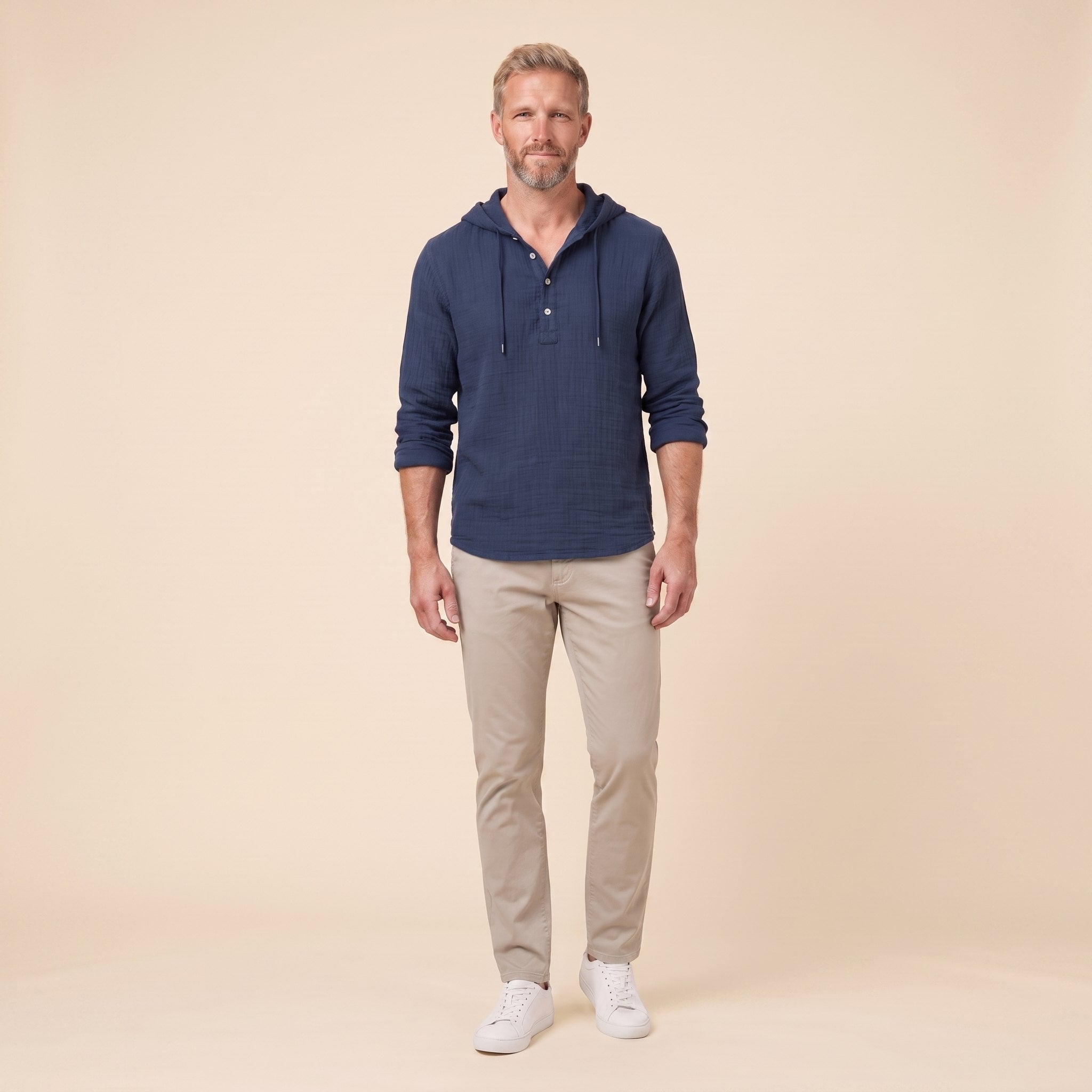Seven linen hooded henley shirt in navy, front view on model