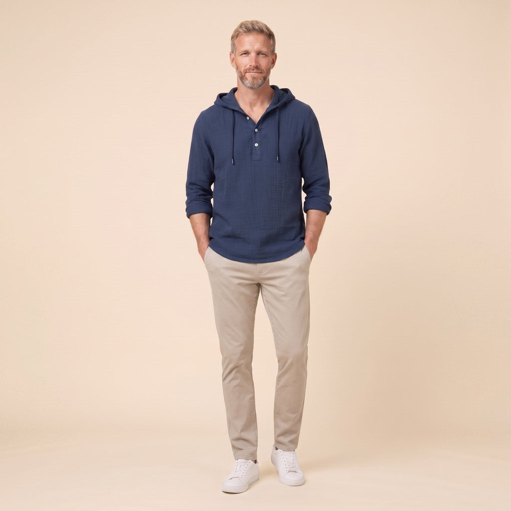 Seven linen hooded henley shirt in navy, relaxed front pose on model