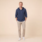 Seven linen hooded henley shirt in navy, relaxed front pose on model