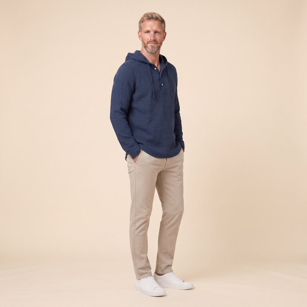Seven linen hooded henley shirt in navy, side view on model