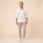 Seven linen hooded henley shirt in white, front view on model