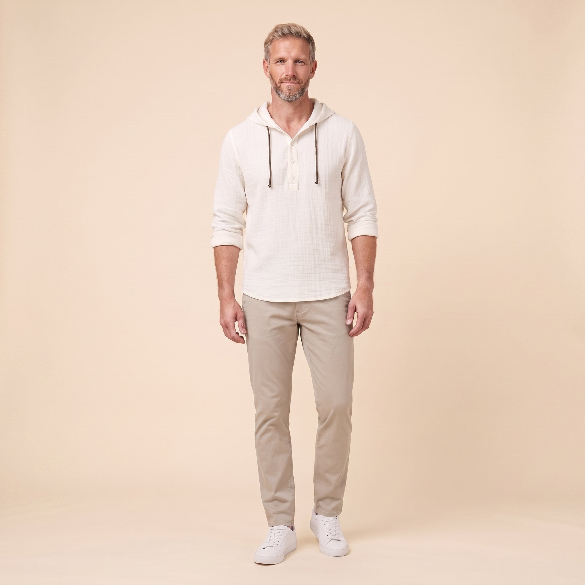 Seven linen hooded henley shirt in white, front view on model