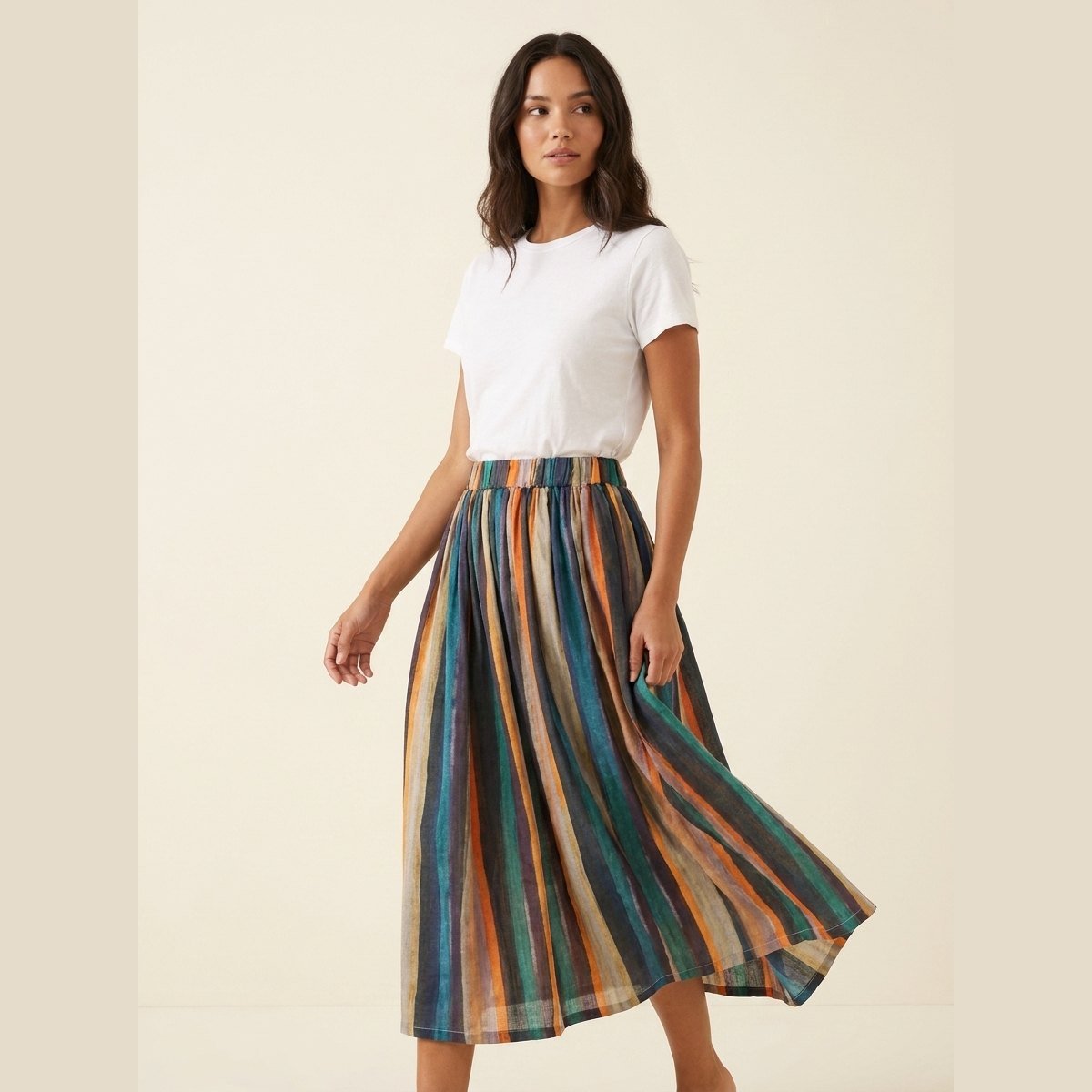 Sora striped A-line skirt pose