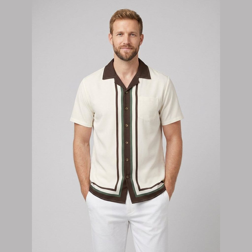 Tango cream camp collar shirt front on model