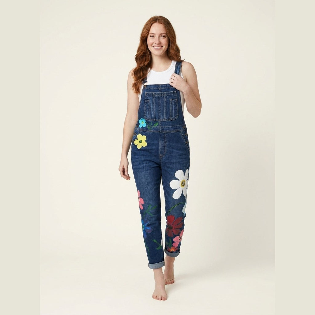 Tracy denim floral overalls dark blue on model