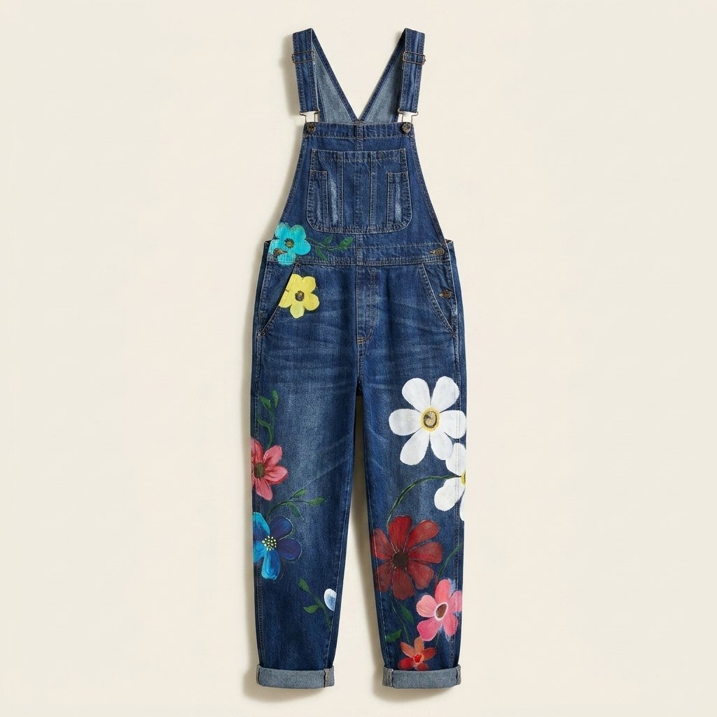 Tracy denim floral overalls product flat lay