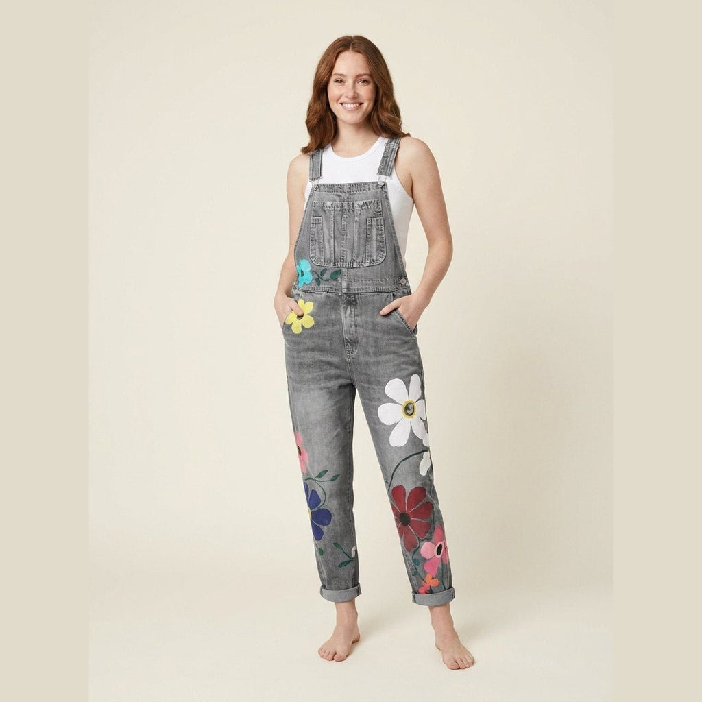 Tracy denim floral overalls gray on model front