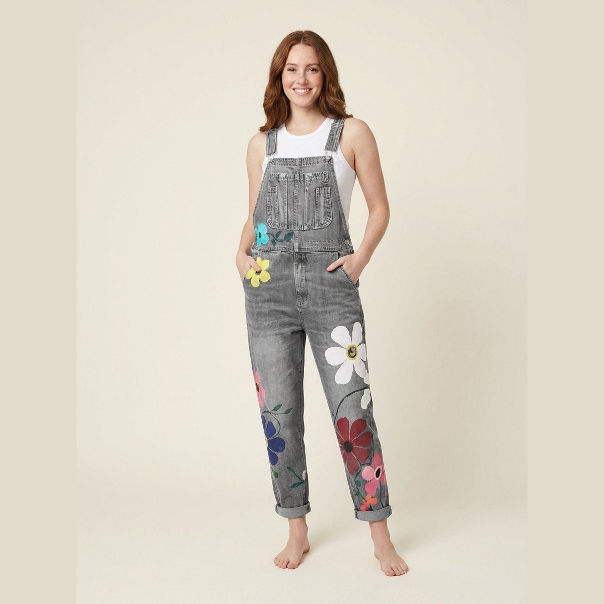 Tracy denim floral overalls gray on model front