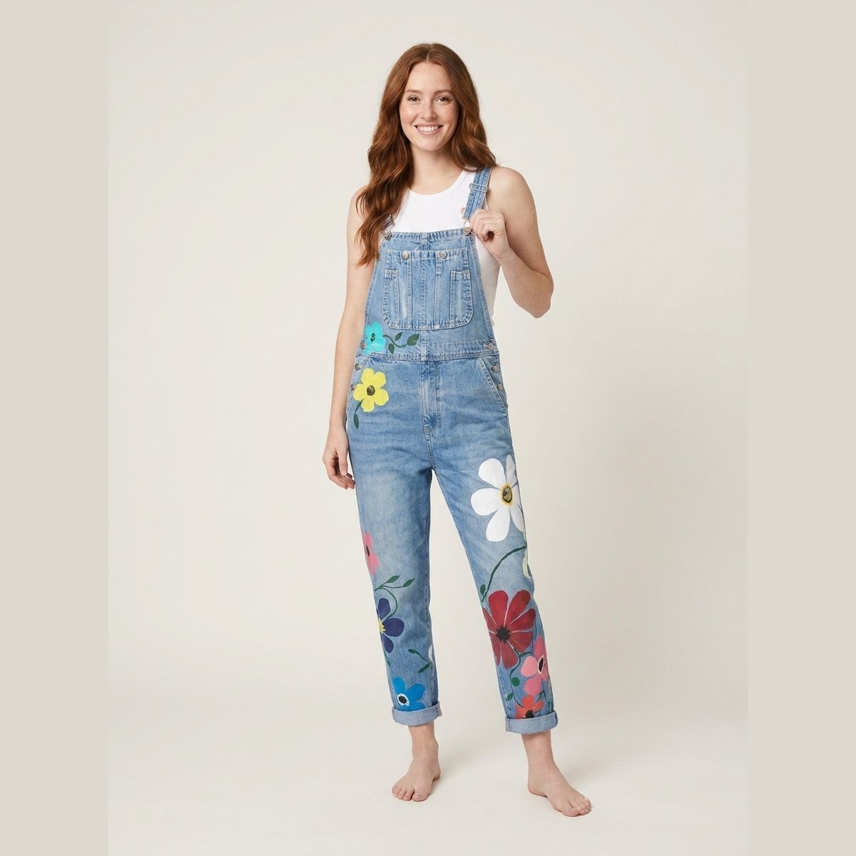 Tracy denim floral overalls light blue on model