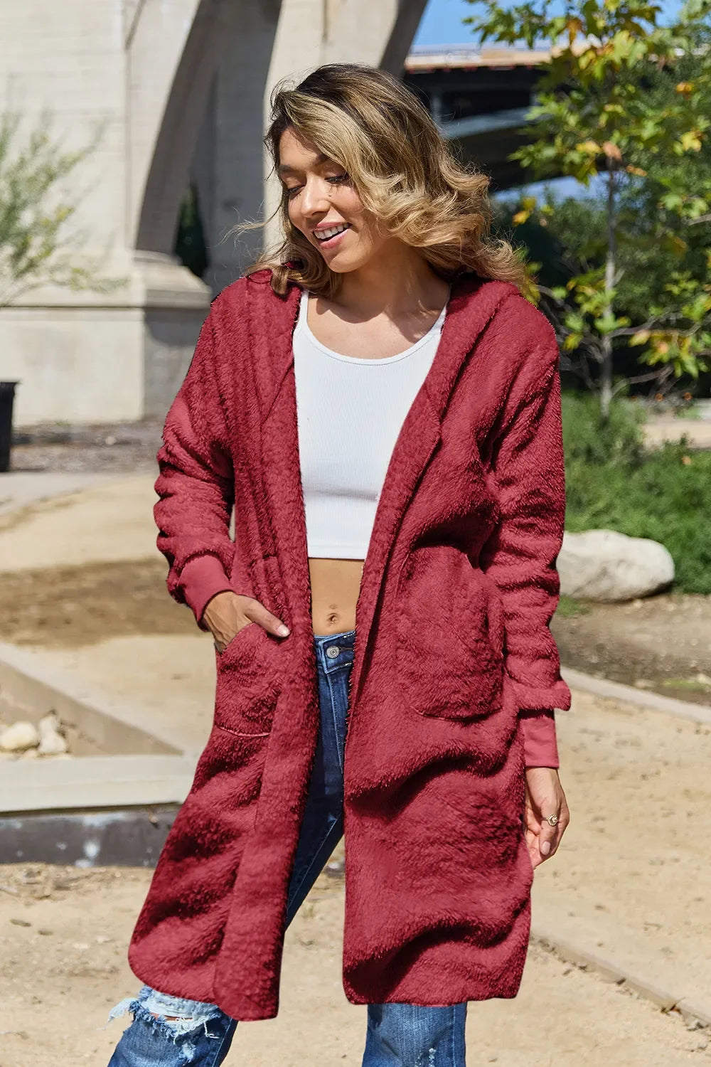 Wren hooded teddy jacket, deep red