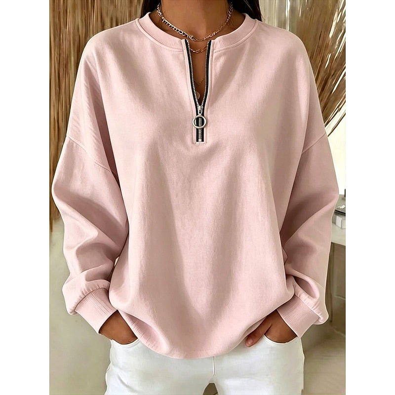 Adeline Ring-Zip Drop-Shoulder Sweatshirt – styled view