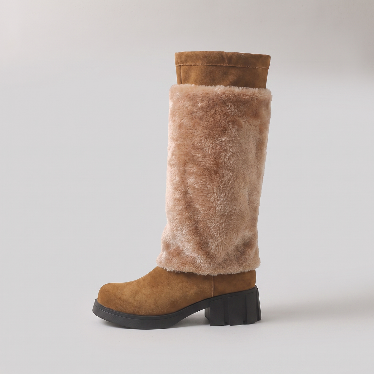 Alpi faux fur mid-calf boot in brown, side view