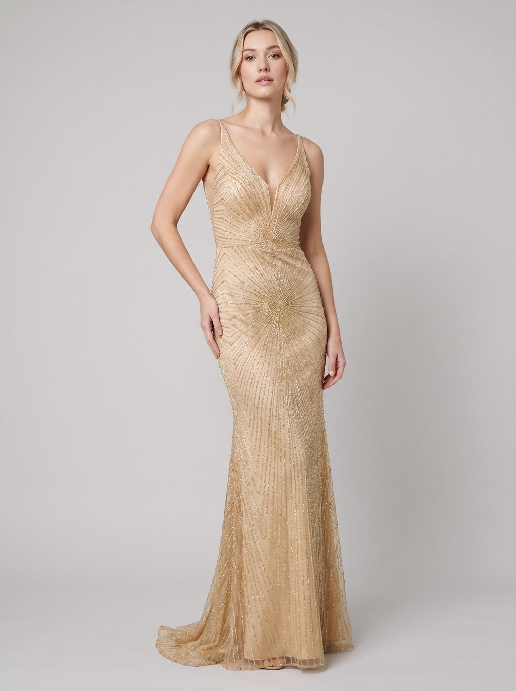 Amalia | Beaded Deep-V Fit-and-Flare Gown by Vera Noir – front view