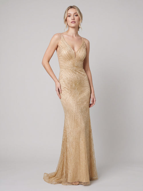 Amalia | Beaded Deep-V Fit-and-Flare Gown by Vera Noir – front view