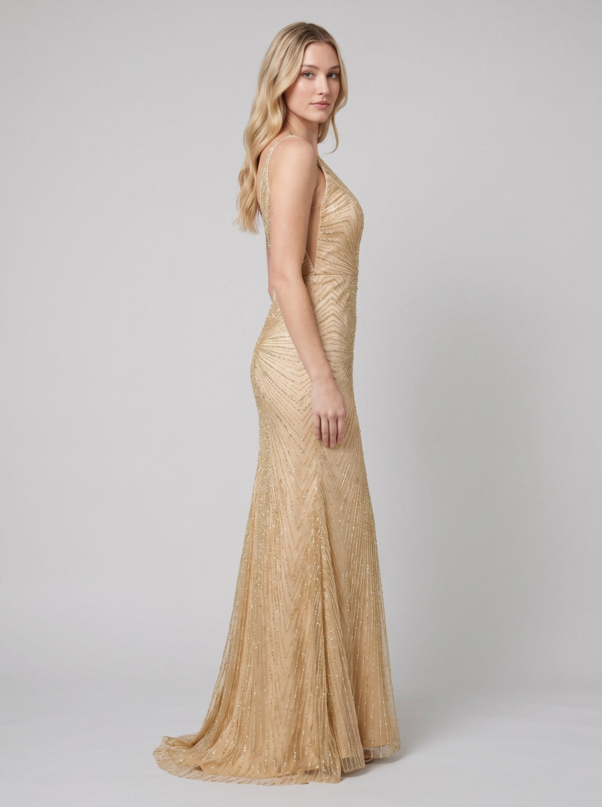 Amalia | Beaded Deep-V Fit-and-Flare Gown by Vera Noir – side view