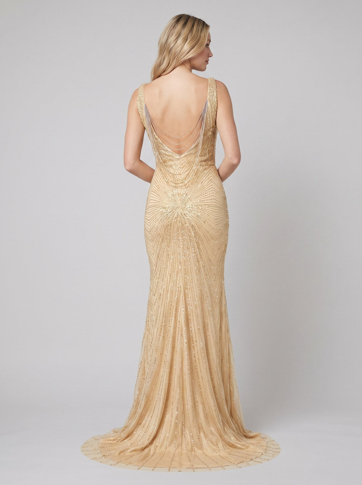 Amalia | Beaded Deep-V Fit-and-Flare Gown by Vera Noir – back view