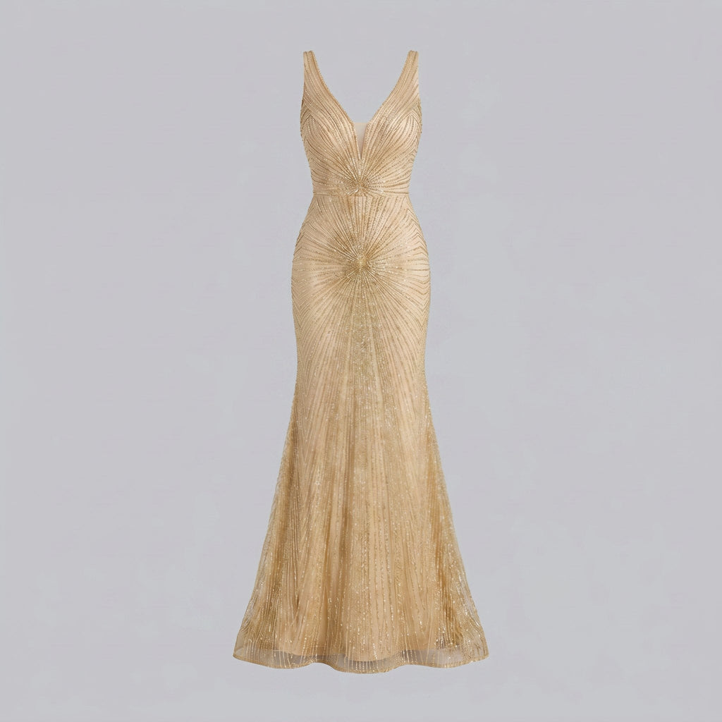 Amalia | Beaded Deep-V Fit-and-Flare Gown by Vera Noir – detail view