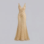Amalia | Beaded Deep-V Fit-and-Flare Gown by Vera Noir – detail view
