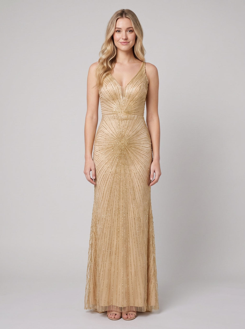 Amalia | Beaded Deep-V Fit-and-Flare Gown by Vera Noir – in champagne