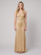 Amalia | Beaded Deep-V Fit-and-Flare Gown by Vera Noir – in champagne