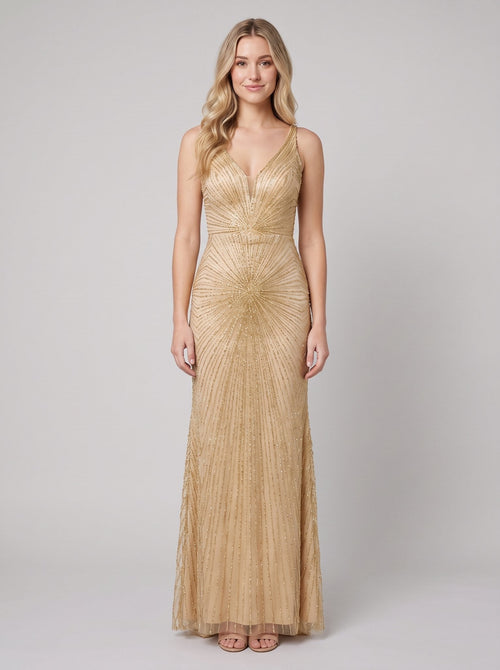 Amalia | Beaded Deep-V Fit-and-Flare Gown by Vera Noir – in champagne