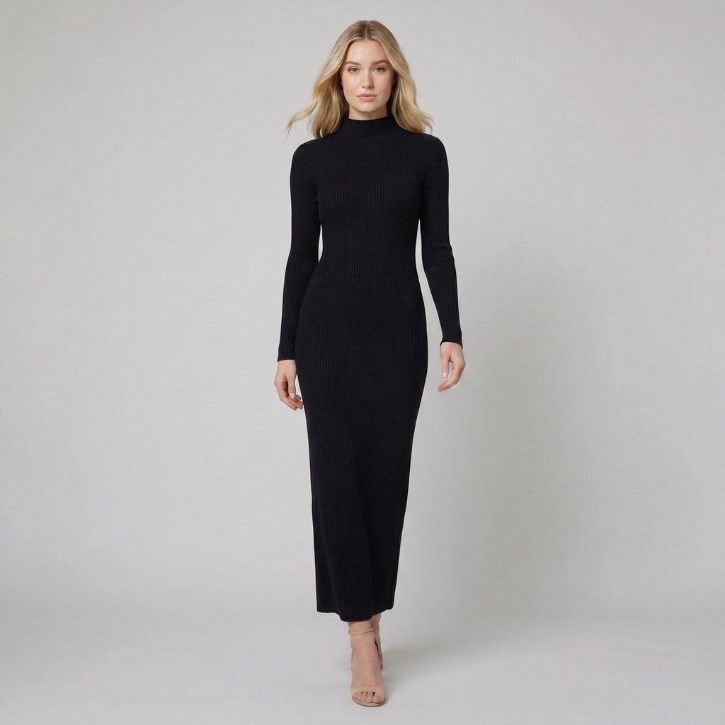 Amelie | Slim-Fit Wool-Blend Maxi Sweater Dress by Vera Noir – in black